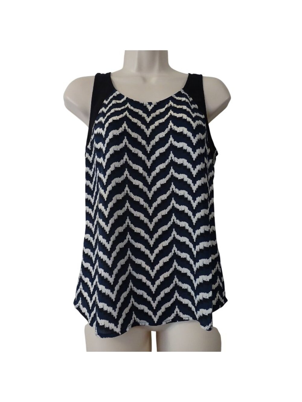 Trouve Sleeveless Black Blue Chevron Tank Top Women Size XS Tulip Back Summer